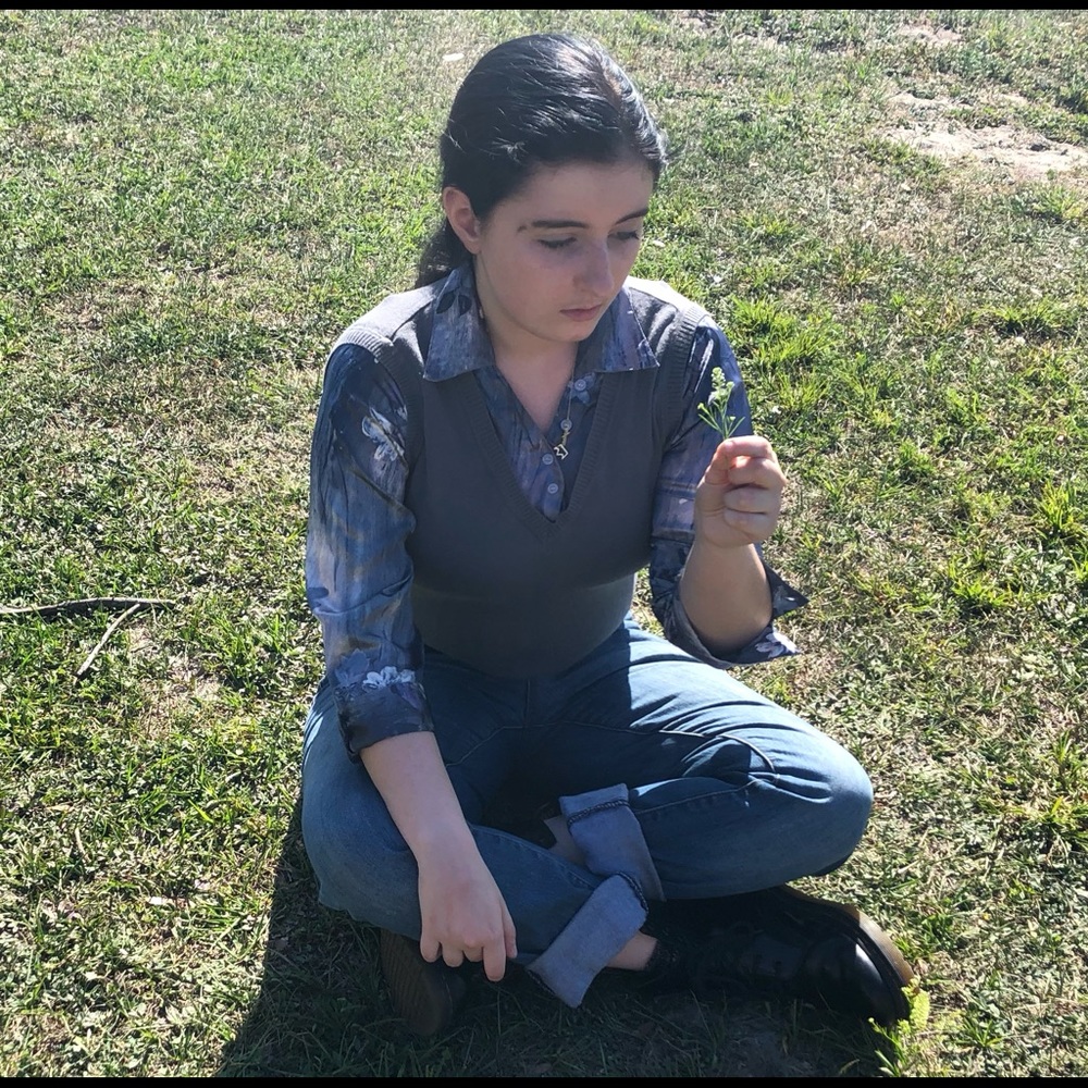 Gray button up top